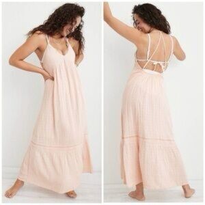 Aerie Low Back Maxi Dress Pink Soft Cotton Linen Blend Spaghetti Straps Size S